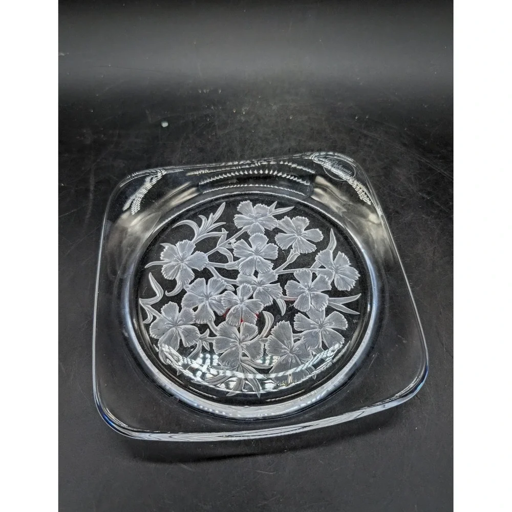 Vintage Bahamas Princess Frosted Floral Clear Glass Square‎ Serving Tray Dish